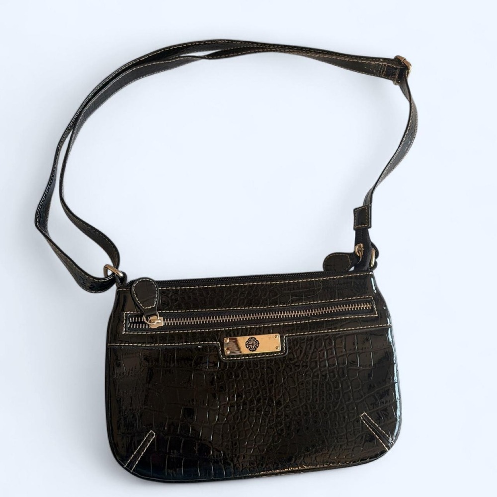 Treviso Black Croc Embossed Faux Leather Crossbody Bag Gold Hardware Slim Purse